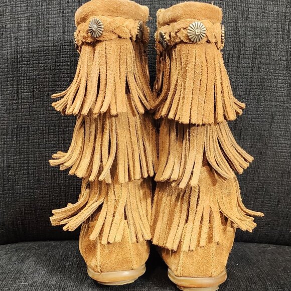 Minnetonka Tan Suede 3 Layer Fringe Calf Boots - Infant Girl's Size 7 - Picture 6 of 10